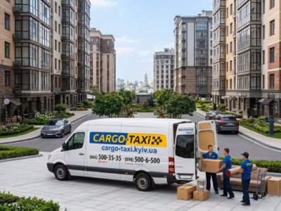 Вантажники завантажують меблі та коробки в білий фургон Cargo-Taxi на Новопечерських Липках у Києві.