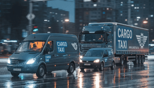 Автопарк Cargo Taxi: вантажне таксі, мікроавтобус Mercedes Sprinter та вантажівка на вечірній вулиці