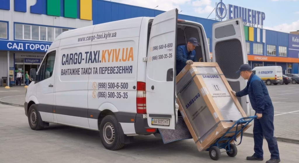 Вантажники завантажують холодильник Samsung у вантажне таксі Mercedes Sprinter біля гіпермаркету Епіцентр у Києві